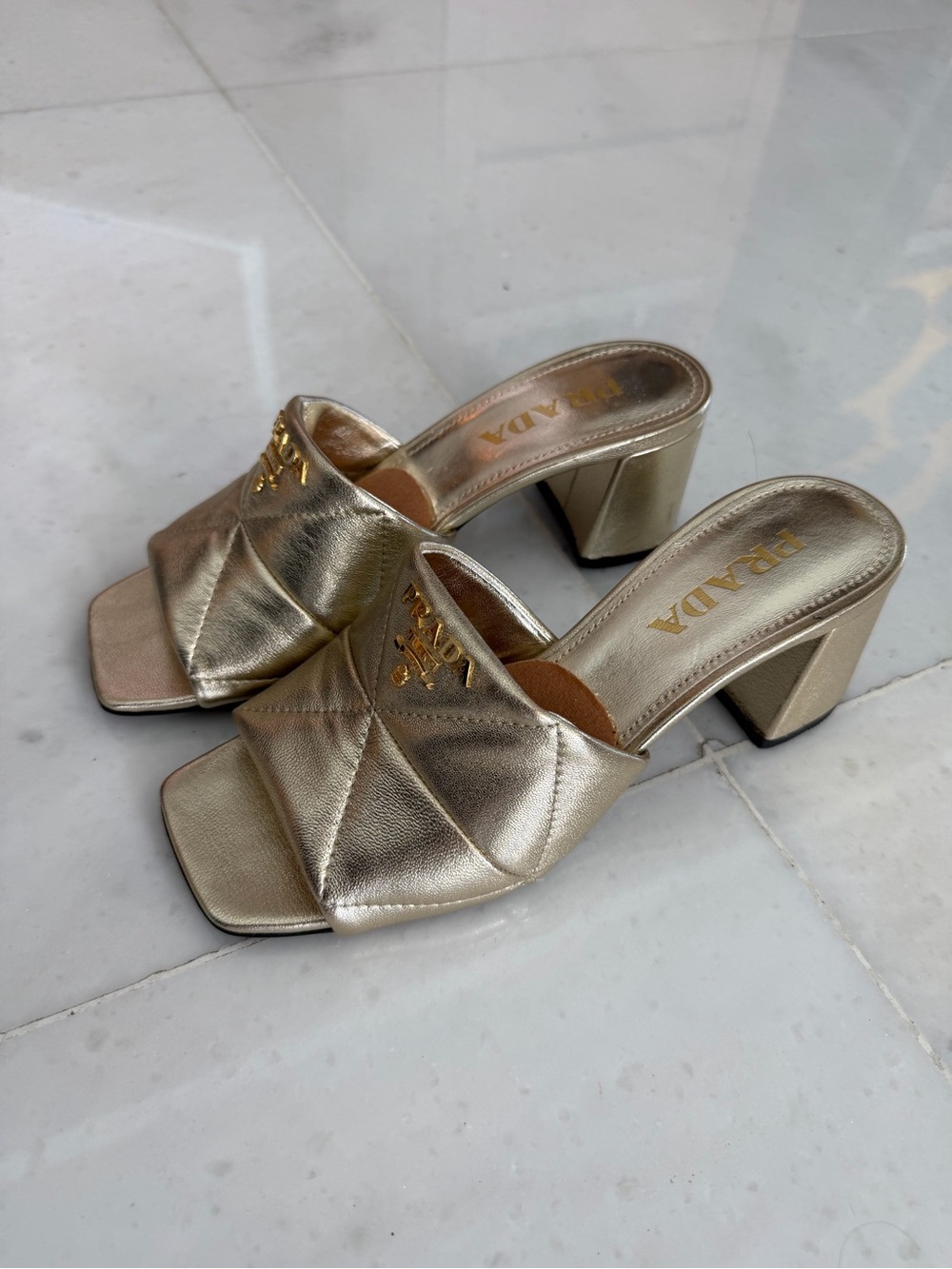 PRADA Gold Quilted Leather Slide Heels